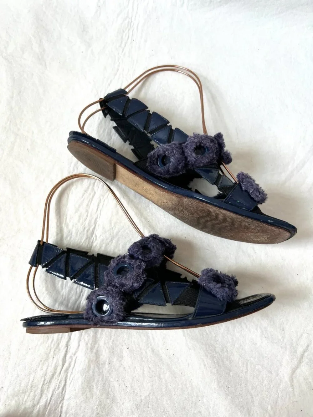 Tory Burch sandals blue patent leather womens 7.5 flat slingback Freya fringe